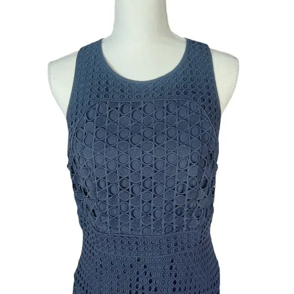 Ann Taylor Navy Blue Laser Cut Out Lace Overlay Formal A Line Dress Size 6 - Picture 2 of 8